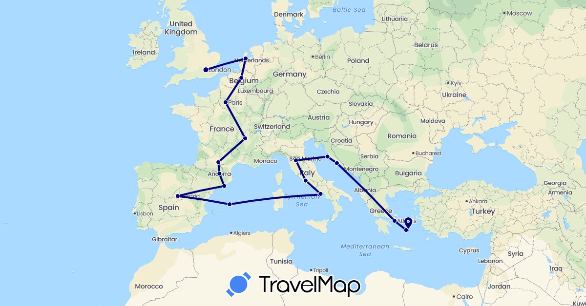 TravelMap itinerary: driving in Andorra, Belgium, Spain, France, United Kingdom, Greece, Croatia, Italy, Netherlands (Europe)